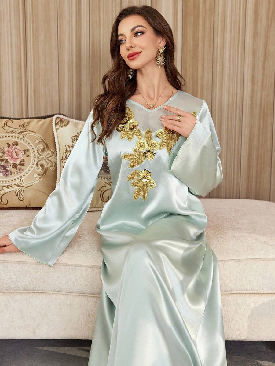 Al Najma 女式长款串珠阿拉伯风格连衣裙 - 綠色 - 查看 1