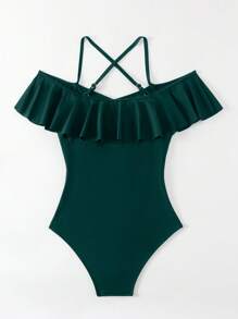 SHEIN Swim Đồ bơi một mảnh hở lưng màu trơn dành cho nữ, thích hợp cho kỳ nghỉ bãi biển - Màu xanh lá cây đậm - Xem 3