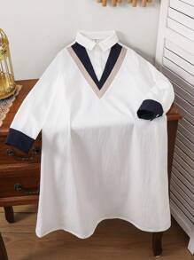 SHEIN Tween Boy Casual Gentleman Colorblock Shirt Collar Long Sleeve Loose Robe And Pants Set, Suitable For Party, Outgoing, School - White - View 1