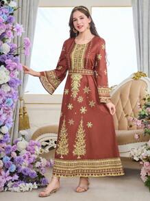 Teen Girl Elegant Gold Foil Print Long Dress, Autumn - Burgundy - View 4