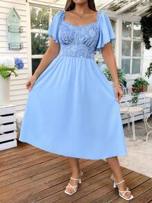 Flirla Robe longue élégante pour vacances/fêtes/mariage, style boho avec manches à volants, tissage jacquard, pour femmes grandes tailles, pour l'été - Bleu azur - Voir 6