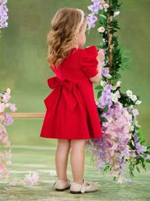 SHEIN Vestido de punto ajustado de manga gigot y cuello redondo de color liso para bebé niña