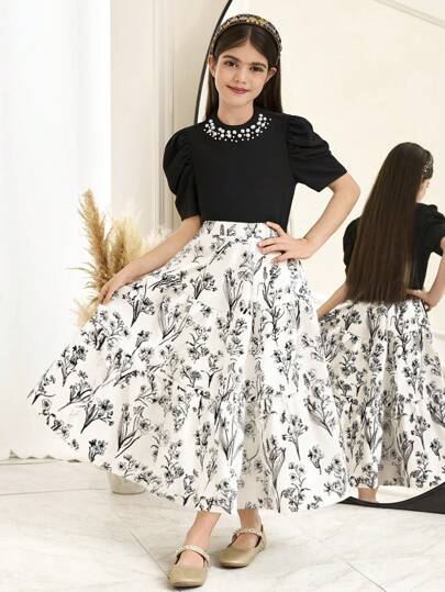 SHEIN Tween Girl 黑白花卉印花分层裙套装，缀饰短袖荷叶边衬衫（有领）