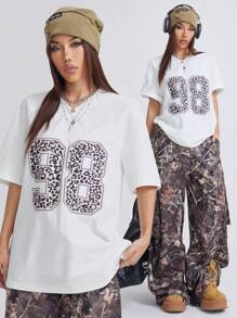 SHEIN EZwear Women's Daily Wear Streetwear Casual Leopard Number Pattern V-Neck T-Shirt - White - View 4