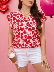 SHEIN LUNE Blusa casual romántica de manga corta con cuello en V y estampado de corazón para mujeres de talla grande en el Día de San Valentín, blusa de cumpleaños para mujer para el verano
