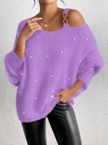 Calvaya Women's Fashion Embellished Asymmetric Shoulder Long Sleeve Pullover Sweater, Autumn/Winter