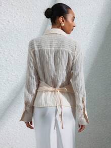 Aveloria Modichic Áo cánh tay dài họa tiết hoa jacquard cổ xếp lớp thiết kế thanh lịch cho nữ - Màu be - Xem 2