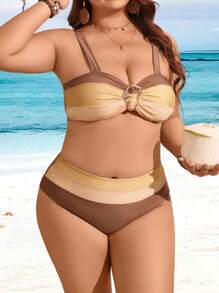Swim Lushoire Plus Size Women Two Pieces Swimwear With Contrast Color And Asymmetrical Buckle Decor, Vacation Beachwear For Summer - Multicolor - View 6