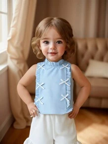 SHEIN Genkimix Kids Baby Girl New Spring/Summer Fashion Comfortable Casual Bow Suit Set, Soft Skin-Friendly Fabric For Daily Casual Wear, Indoor Or Outdoor - Multicolor - View 4