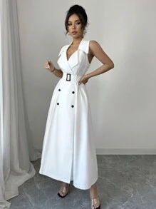 Elenzga Women's Elegant French Style Casual/Vacation/Commute Solid Color Notched Collar, Double-Breasted, Cinched Waist Long Dress, Sleeveless, A-Line, Spring/Summer