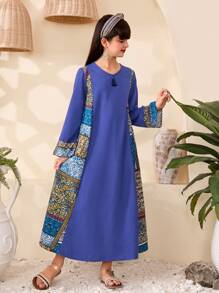 青少年女孩休闲简约时尚长袖日常连衣裙 - 藍色 - 查看 3