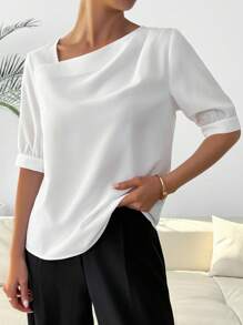 Calvaya Casual Commuter Fashion Oblique Neckline Short Sleeve Blouse