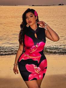 Flirla 2pcs/Set Plus Size Sexy Sleeveless Top & Bodycon Skirt Set, New Chinese Style Feminine 2 Pieces Outfit For Women - Multicolor - View 4