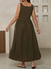 SHEIN Clasi Vestido casual para uso diario de talla grande para mujer con solapa, botones, manga corta, de unicolor, diseño simple, para primavera/verano - Verde Oliva - Ver 2