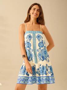 CAJUNI Women's Boho Tropical Floral Blue Print Spaghetti Strap Backless Short Casual Holiday Beach Summer Dress