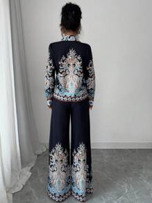 Rafferiza 2 件套女士复古定位印花长袖休闲宫廷风上衣 + 松紧腰阔腿裤 - 黑色 - 查看 2