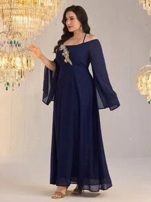 Modelyn Plus Size Elegant Party Sequin Flower Embroidered Open Shoulder Halter Poncho Sleeve Dress - Navy Blue - View 7