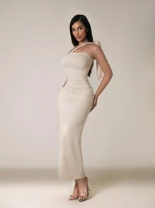 Zolique Vestido largo elegante fruncido para mujer, ajuste ceñido