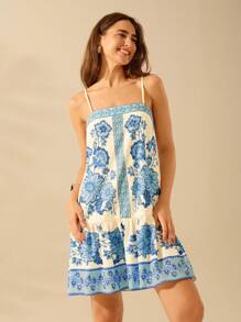 CAJUNI Women's Boho Tropical Floral Blue Print Spaghetti Strap Backless Short Casual Holiday Beach Summer Dress