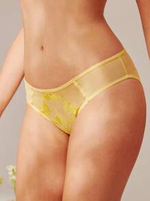 LUVLETTE Mid-Rise Embroidery Floral Basic Lace Comfortable Breathable Underwear Briefs-Sexy Lingerie - Yellow - View 3