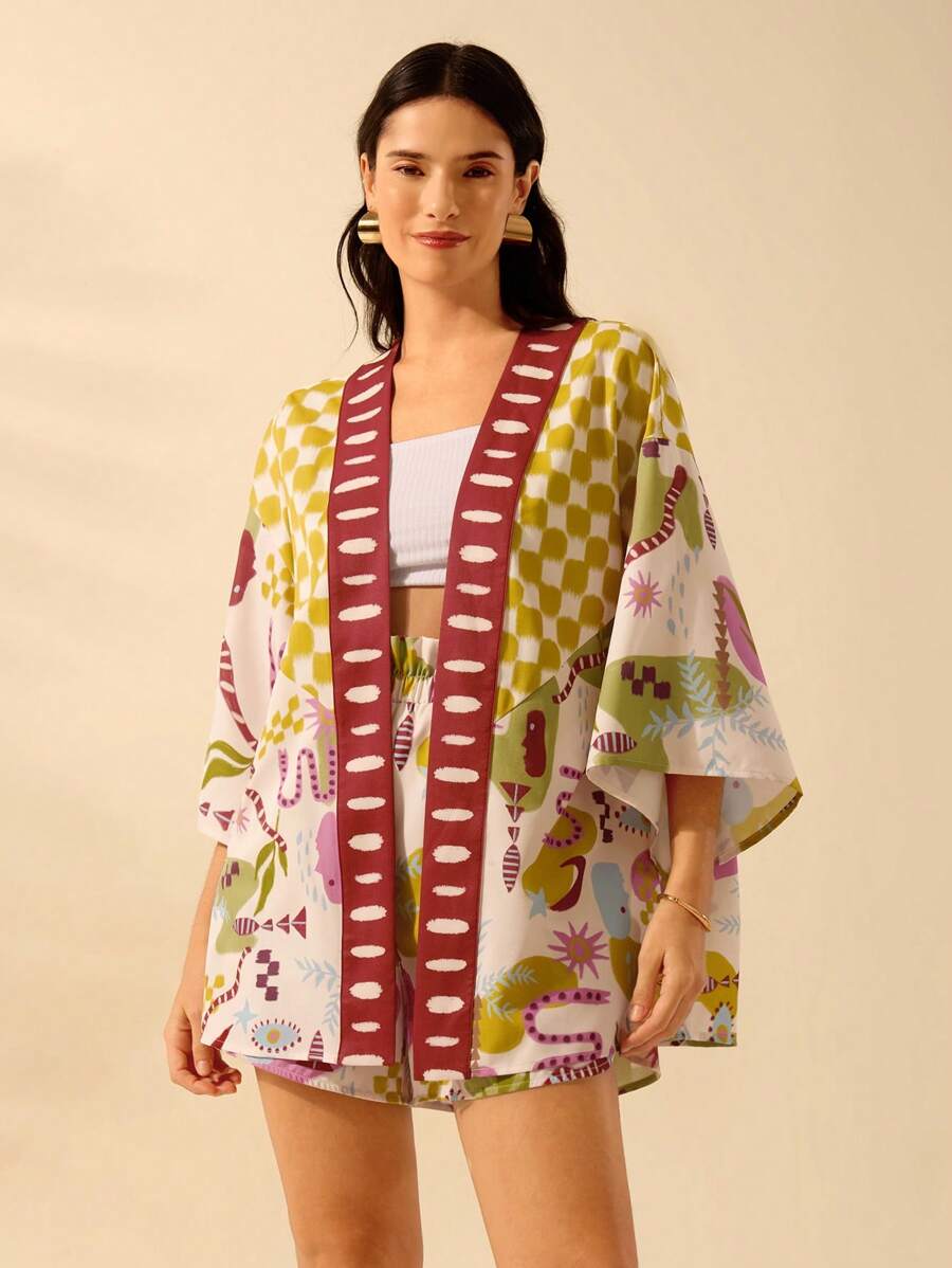 CAJUNI 女士波西米亚风彩色热带印花和服罩衫，宽松版型，适合度假和海滩，夏季 - 彩色 - 查看 1