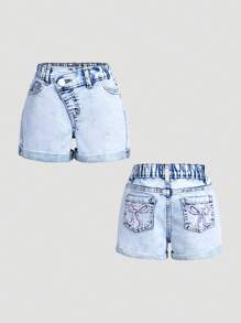 Nuevos shorts vaqueros de verano para niñas con bordado de mariposa, desgastado en la cintura y bolsillos, color azul claro