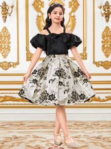 SHEIN Leap Crew Conjunto de 2 piezas para niñas preadolescentes con top sin mangas con hombros descubiertos con gran lazo decorativo y falda plisada con elegante estampado floral jacquard negro y dorado, vestido de niña de las flores, apto para fiesta, vuelta al colegio, elegante y estilo francés princesa - Negro - Ver 13