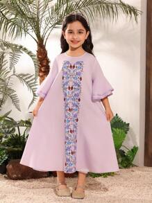 Young Girls' Floral Print Dress, Light Purple Color, Elegant And Adorable Design For Little Girls - Mauve Purple - View 6