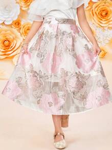 SHEIN Leap Crew Tween 女童欧根纱花朵提花褶皱腰荷叶边下摆裙，锦缎提花设计裙，适合花园茶会、春季郊游和度假 - 彩色 - 查看 2