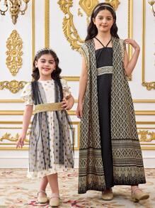 SHEIN Young Girls Chiffon Polka Dot Contrast Mesh Dress, Vintage Gold Polka Dots Puff Sleeve A-Line Dress With Golden Woven, Matching Family Vacation, With Golden Woven, Sibling Outfits, Sisters Outfit, Suitable For Girls Daily Wear, Festivals, Family Gatherings And Special Occasions, Sibling Outfits Sisters Ramandan Style Outfit, Spring And Summer, Cute & Elegant & Sweet & Vintage & Fashionable.Mom And Daughter & Sisters Matching. - Black and White - View 6