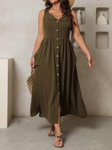 SHEIN Clasi Vestido casual para uso diario de talla grande para mujer con solapa, botones, manga corta, de unicolor, diseño simple, para primavera/verano - Verde Oliva - Ver 5