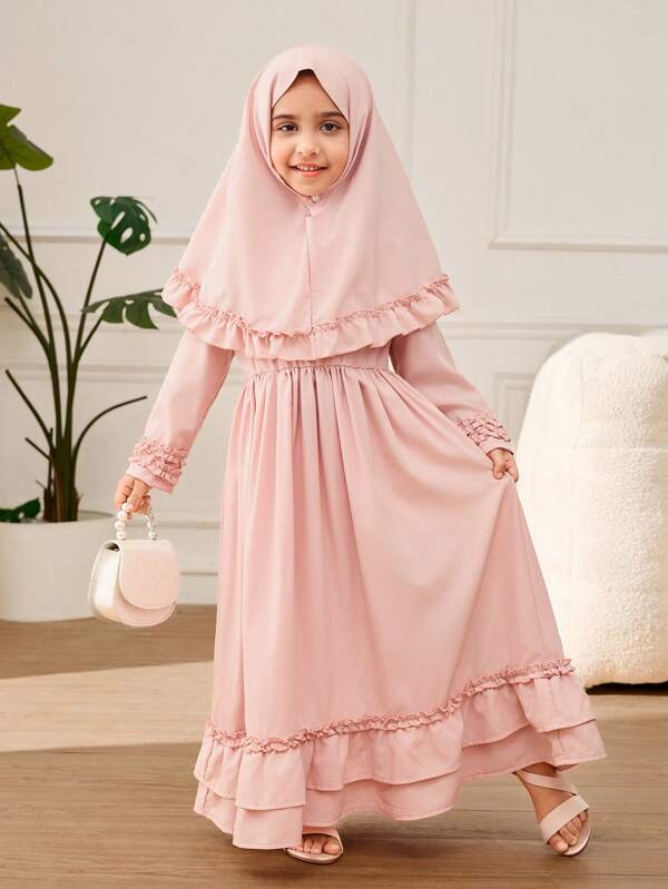 Young Girl Ruffle Hem & Headband Decor Long Dress