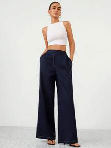 SHEIN Privé Women's Loose Fit Casual Pants With Color Block Design, Blue With White Stripe Fall Cloth For Women