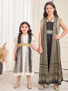 SHEIN Young Girls Chiffon Polka Dot Contrast Mesh Dress, Vintage Gold Polka Dots Puff Sleeve A-Line Dress With Golden Woven, Matching Family Vacation, With Golden Woven, Sibling Outfits, Sisters Outfit, Suitable For Girls Daily Wear, Festivals, Family Gatherings And Special Occasions, Sibling Outfits Sisters Ramandan Style Outfit, Spring And Summer, Cute & Elegant & Sweet & Vintage & Fashionable.Mom And Daughter & Sisters Matching. - Black and White - View 5