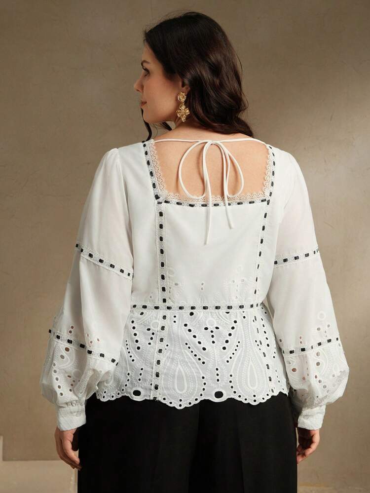 Women's Spring Classical Romantic Embroidery Curved Collar Waist Puff Sleeve Blouse