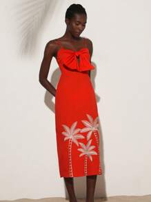Aveloria Modichic Red Front Bowknot Lace-Up Hollow Design Sexy Vacation Elegant Coconut Tree Embroidery Strap Slip Dress - Red - View 4