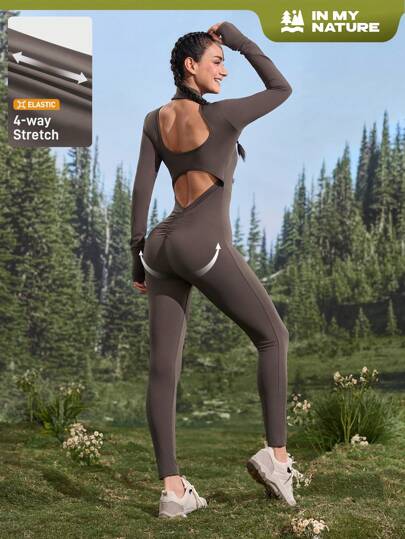 Women's Solid Color Zipper Partial Collar Neck Long Sleeve Sports Jumpsuit