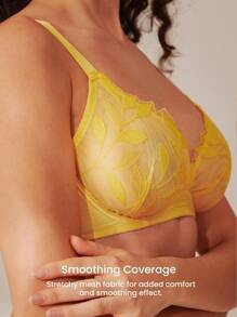 LUVLETTE Yellow Embroidered Elegance Floral Lace & Mesh Lingerie Lounge Curve Breathable Unlined Plunge V-Neck Sheer Minimizer Bra - Yellow - View 4