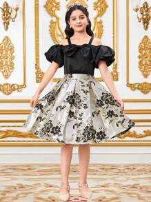 SHEIN Leap Crew Conjunto de 2 piezas para niñas preadolescentes con top sin mangas con hombros descubiertos con gran lazo decorativo y falda plisada con elegante estampado floral jacquard negro y dorado, vestido de niña de las flores, apto para fiesta, vuelta al colegio, elegante y estilo francés princesa - Negro - Ver 14