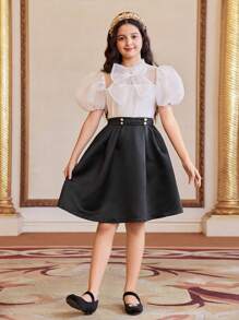 Tween 女孩黑色中长款高腰半身裙，带有超大褶边和仿珍珠纽扣装饰，缎面闪亮面料，适合外出、上学、生日、派对，百搭、优雅、奢华 - 彩色 - 查看 5