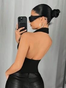 SHEIN ICON 时尚性感系带露背露背短款背心，适合女士春季夏季音乐会女士复活节女士圣帕特里克节 - 黑色 - 查看 3