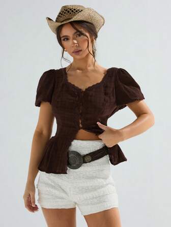 Athîral 女士休闲复古格子泡泡袖衬衫