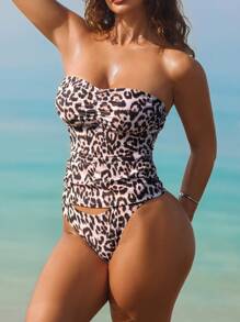 Swim Vcay 性感豹纹荷叶边设计抹胸比基尼套装，夏日海滩度假