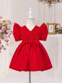 SHEIN Vestido de punto ajustado de manga gigot y cuello redondo de color liso para bebé niña