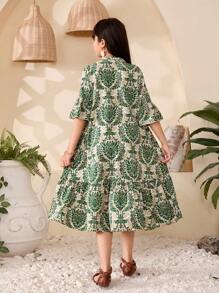 Tween Girl V-Neck Allover Print Casual Dress - Green - View 2