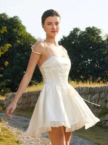 Aveloria Rosie 女式性感法式甜心领交叉带荷叶边腰部褶皱中长连衣裙 - 白色 - 查看 1