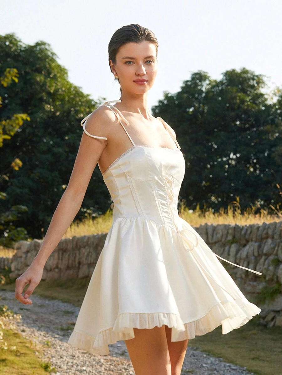 Aveloria Rosie 女式性感法式甜心领交叉带荷叶边腰部褶皱中长连衣裙 - 白色 - 查看 1