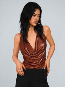 TRNVIE Women's Comfortable Metallic Shine Music Festival Spaghetti Strap Bodysuit, Brown, Spring/Summer