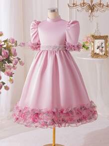 SHEIN Tween Girl Floral Print Ruffle Collar Short Sleeve Elegant Mid-Length Dress - Pink - View 3