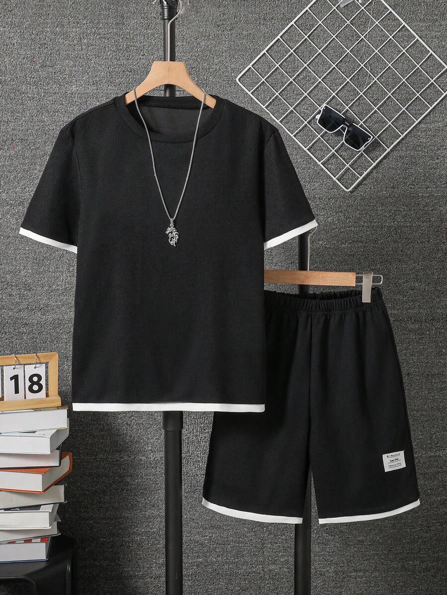 青少年男孩撞色装饰 Polo 衫和短裤两件套 - 黑色 - 查看 1